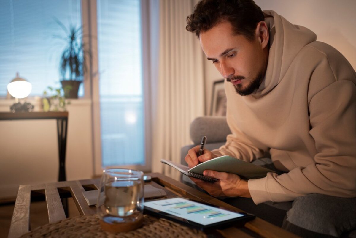 Man in hoodie writing in notebook with tablet and glass of water on wooden table in a warmly lit room.