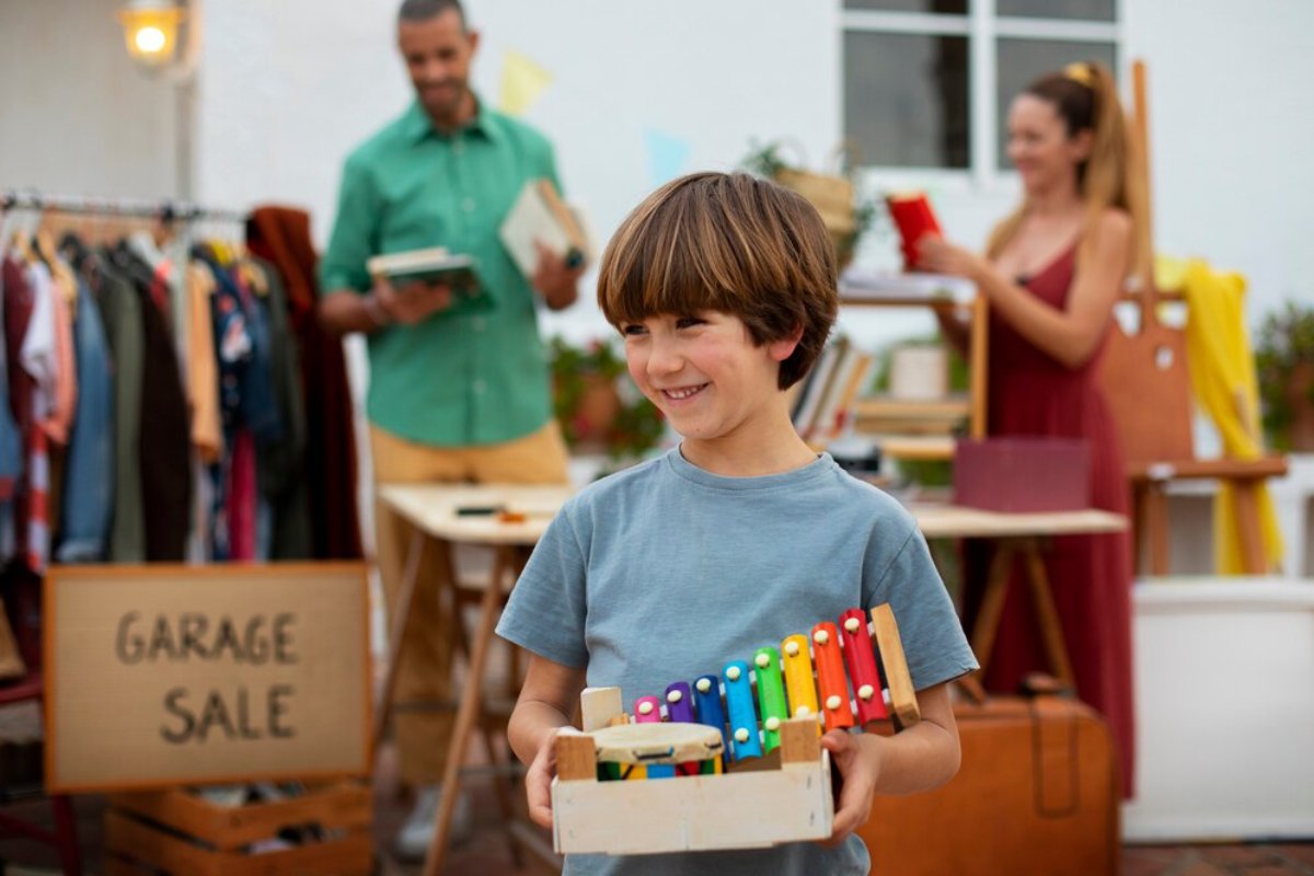 Young boy holding a box of colorful wooden toys at a family garage sale, with adults browsing in the background.