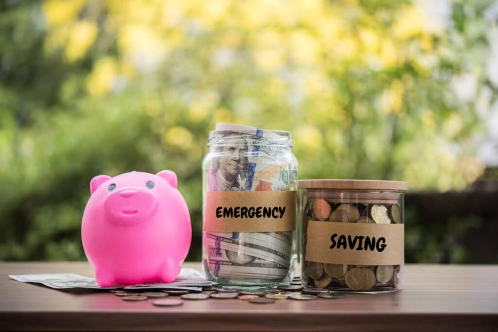 A pink piggy bank and labeled jars "Emergency" and "Saving" filled with money, on a table with a natural backdrop.