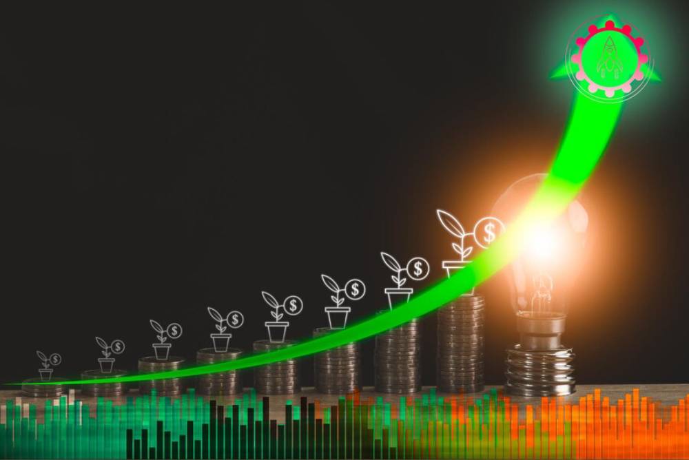 A vibrant graphic illustrating financial growth: coins stacked with plant icons, a glowing lightbulb, and an upward green arrow.
