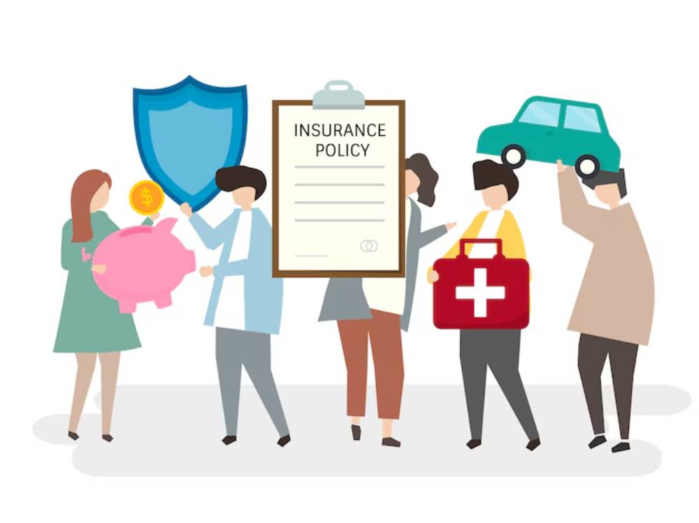 A group of diverse people interacting with symbols of insurance: a piggy bank, a medical kit, a car, and an insurance policy document.