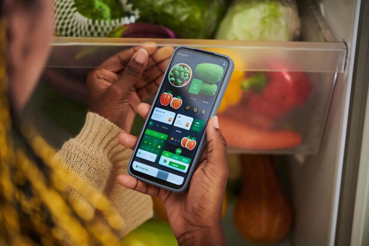 A person checks a smartphone app displaying grocery items while reaching into a fridge filled with fresh vegetables.
